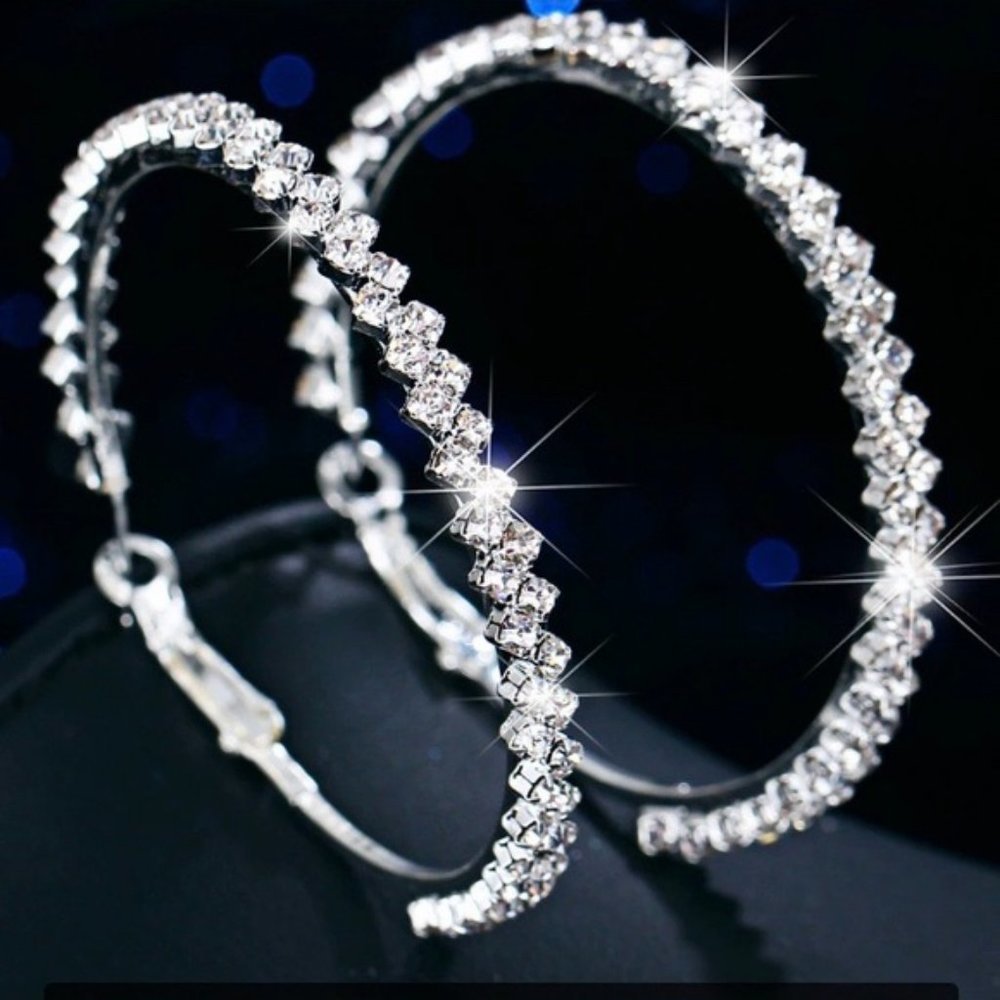 NEW 2'' Silver Round Diamond Hoop Earrings - Picture 9 of 9